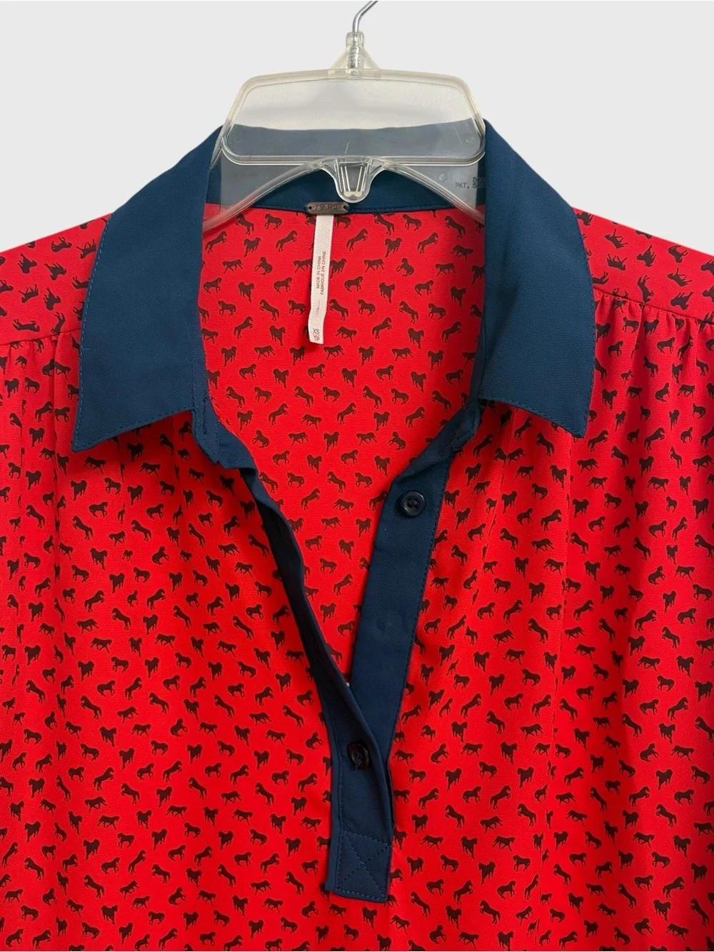 Free People Boyfriend Horse Print Blouse Size XS Red Blue Sheer Oversized Boho